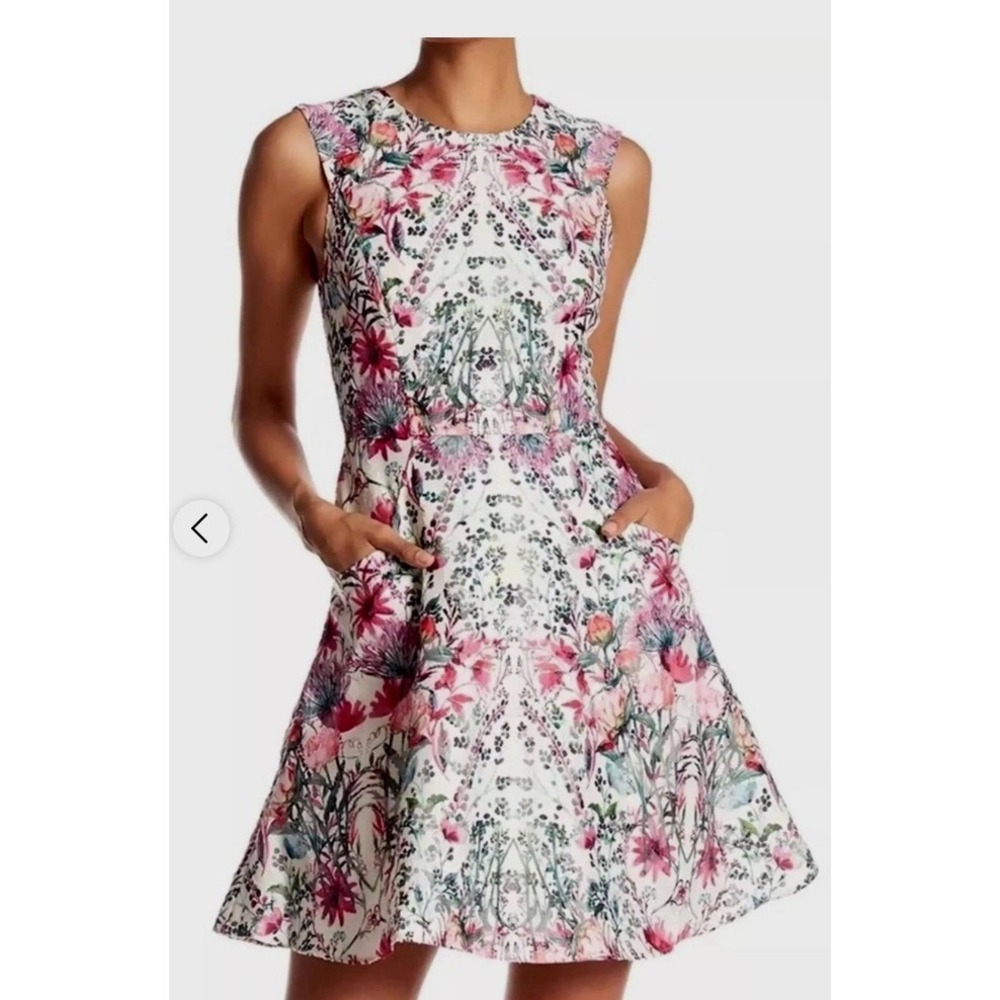 Ted Baker sz 2 A line floral sleeveless elegant dress zips up pockets PP